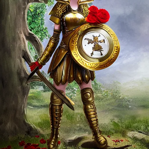 Prompt: an anthropomorphic poppy flower wears an iron breastplate with a gilded crown crest on it, holding a sword and shield as if she's ready for battle, standing next to a large tree stump that seems to be made out of white marble or stone, digital art