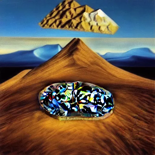 Image similar to a mountain made out of computer screens that display bitcoin logos, cinematic, post - apocalyptic landscape, harsh contrast lighting, in the style of surrealism, made by salvador dali