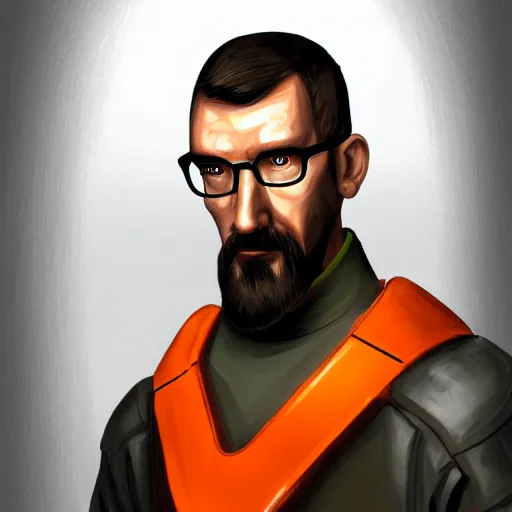 Prompt: portrait of gordon freeman from half life, highly detailed, centered, solid color background, digital painting