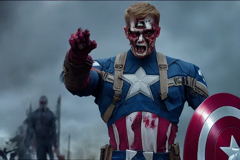 Image similar to film still of zombie zombie Captain America as a zombie in new avengers movie, 4k