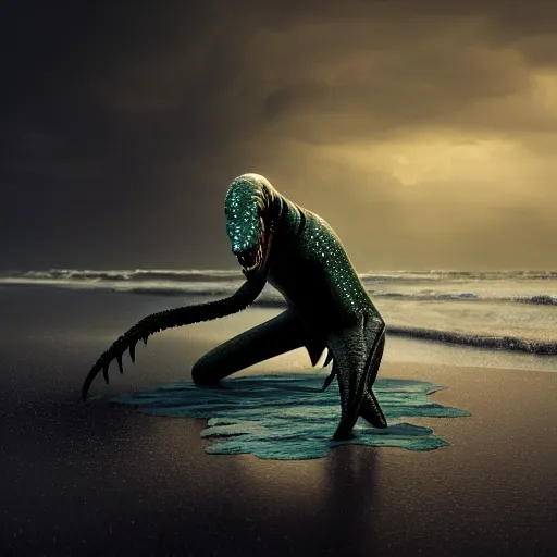 Prompt: a stunning cinematic wide shot of a beautiful confused slick sleek smooth humanoid sea monster wearing clothes made of seaweed on a dark stormy beach, well designed perfect with slick led eyes, sharp claws, cgsociety, hd octane render, fantasy, furry art, artstation, deviantart, furaffinity, very very clean