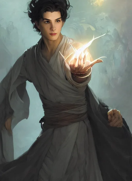 Image similar to character concept portrait of an attractive young Spanish wizard with white skin conjuring a fire spell, a floating iridescent spell book in the center, intricate, elegant, digital painting, concept art, smooth, sharp focus, illustration, from Metal Gear, by Ruan Jia and Mandy Jurgens and William-Adolphe Bouguereau, Artgerm