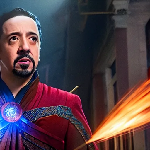 Image similar to A movie still of Lin-Manuel Miranda as Zombified version of Dr Strange, dynamic lighting, 8k, Heroic Pose, 2022 picture of the year