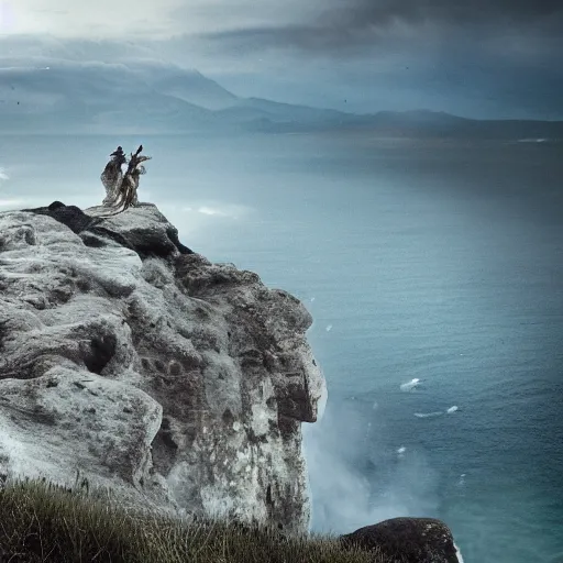 Image similar to romantic meeting on a cliff between a Viking king and a Valkyrie above a burning ocean of war, By Emmanuel Lubezki