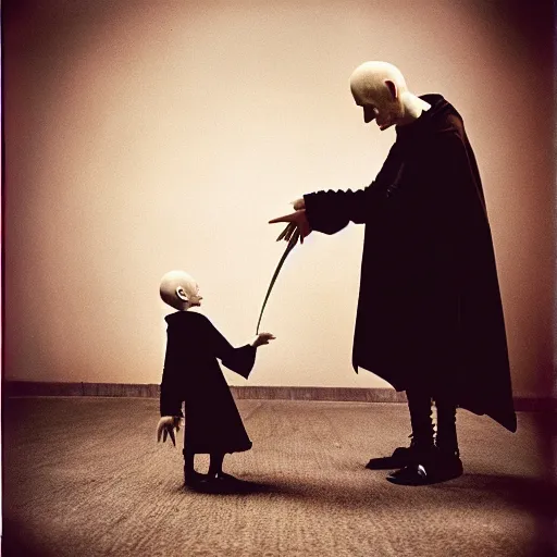 Prompt: portrait of nosferatu playing with his kid, realistic detailed photography, kodak 5 2 1 9 film, 5 0 mm lens