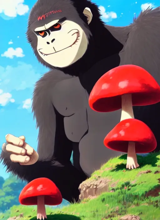 Prompt: anime gorilla holding a very small red mushroom, big smile on face, sunny sky background, lush landscape, illustration concept art anime key visual trending pixiv fanbox by wlop and greg rutkowski and makoto shinkai and studio ghibli and kyoto animation, symmetrical facial features, black shirt,