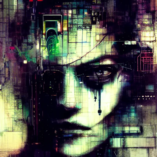 Image similar to portrait of a cyberpunk, wires, machines, in a dark future city by jeremy mann, francis bacon and agnes cecile, ink drips, paint smears, digital glitches glitchart