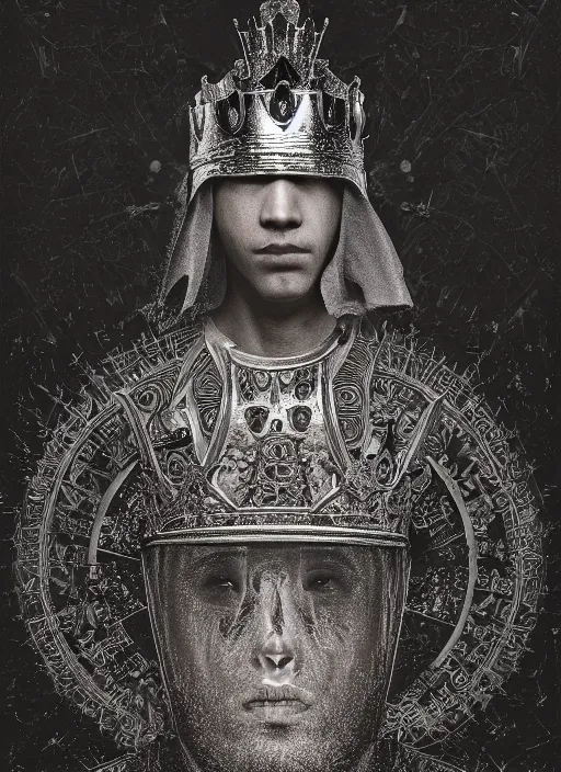 Image similar to portrait of king arthur knight with a crown with engravings, studio portrait against a black background, modern fine art, fractal, intricate, elegant, highly detailed, digital photography, subsurface scattering, in the style of ghost, by jheronimus bosch and yue minjun and giger and greg rutkowski,