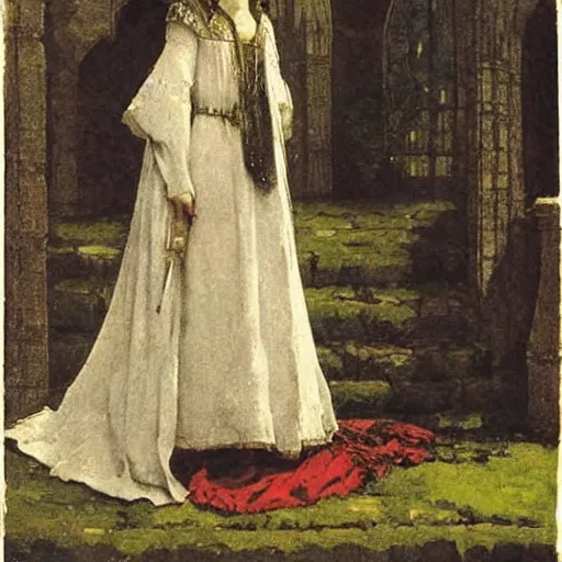 Prompt: beautiful young medieval queen by howard pyle