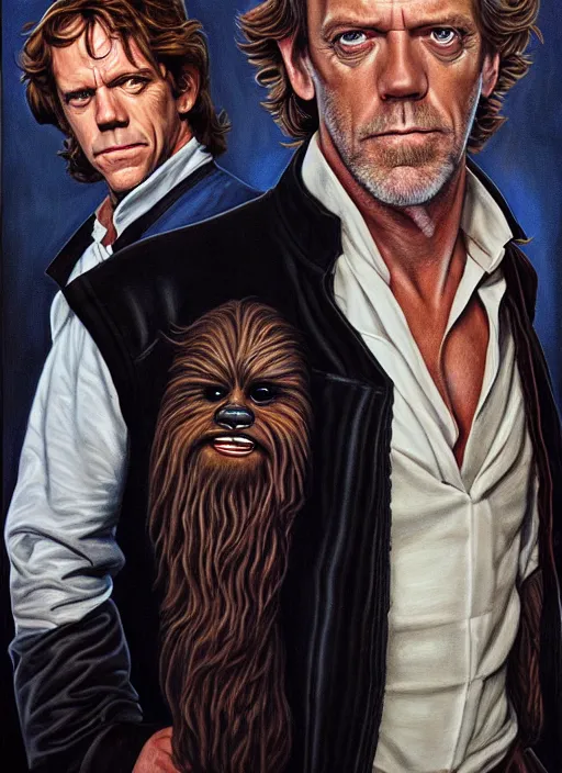 Prompt: portrait of hugh laurie as han solo in star wars, wearing han solos cloth, a black vest and white shirt, hyperrealistic, very detailed painting by glenn fabry, by joao ruas, by artgerm