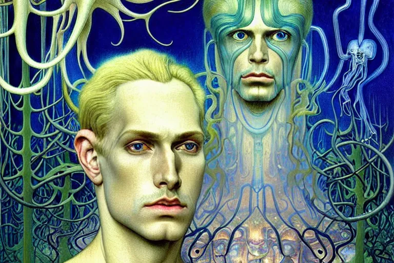 Image similar to realistic detailed portrait painting of a beautiful ghost man with blond hair with an alien, futuristic sci-fi forest on background by Jean Delville, Amano, Yves Tanguy, Alphonse Mucha, Ernst Haeckel, Edward Robert Hughes, Roger Dean, rich moody colours, blue eyes