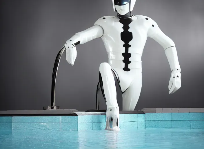 Image similar to cinematic photoshoot of clean modern hand crafted super futuristic man in milk pool pro display xpr luxury smooth color metal white silver with black leather padding well design ultrareallistic detailed high quality 8 k photorealistic ultra realistic