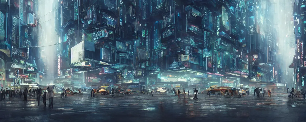 Image similar to close up ground level view of a futuristic bladerunner building and sidewalk busy with activity with of signages and billboards street venders and carts aliens and people with a floating cars on the streets by craig mullins, neil blevins, dylan cole, james paick, hyper realistic, night, environment fog, cinematic lighting, 8 k, vray render, artstation, deviantart,