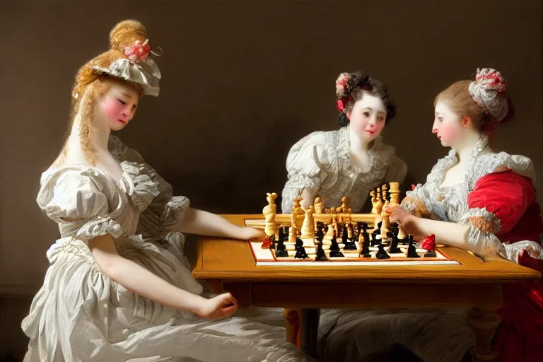 Prompt: two young women playing chess by Jean-Honoré Fragonard. highly detailed. 8k. depth of field. photography