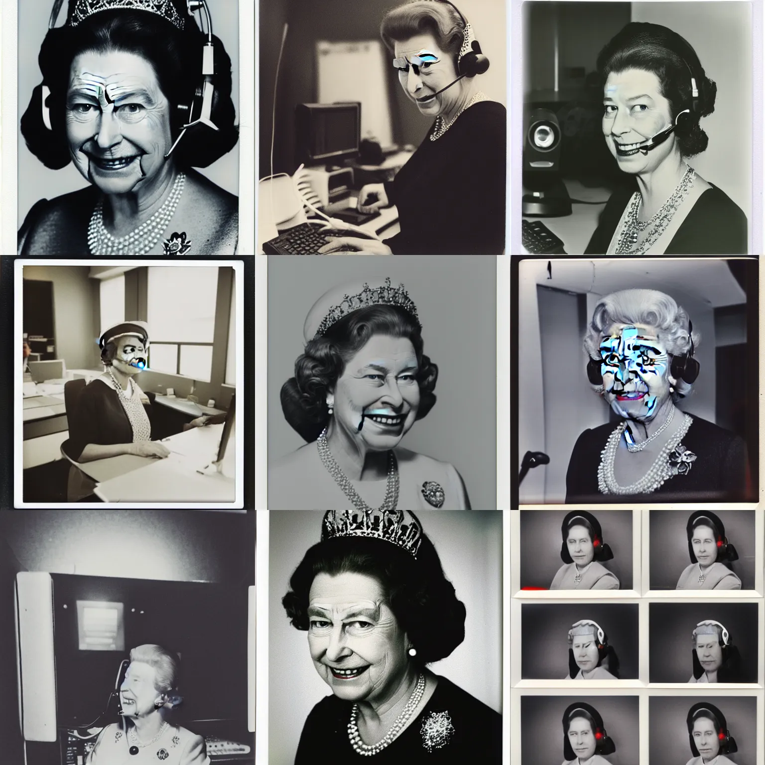 Prompt: Queen Elizabeth, working in a call center, polaroid photograph, 4k