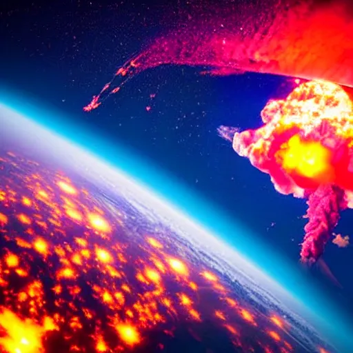 Image similar to nuclear explosion from space, neon lights, fire