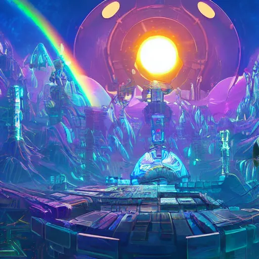 Prompt: an underwater city comprised of light built in the side of a giant robot trying to save the planet, set in the distant future, plants, light prisms, rainbow diffraction, steampunk, cyberpunk, warm lights, anime, vhs distortion, art style mimics starlight brigade by game grumps