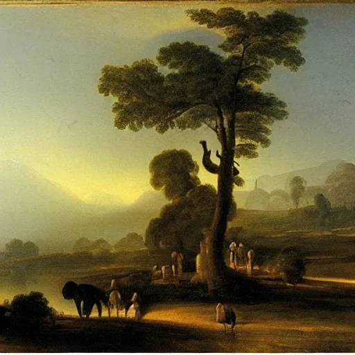 Image similar to the african velt, highly detailed landscape painting by claude lorrain, misty ominous atmosphere