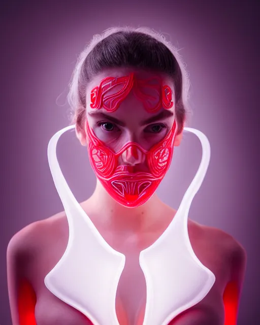 Image similar to symmetrical portrait of a woman wearing a white embroidered translucent silicone mask and white frizzy hair buns, wearing a silicone white bodysuit, red background, soft diffused light, biotechnology, futuristic aesthetic, translucent, ethereal, intricate details, highly detailed, masterpiece,