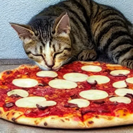 Prompt: a cat sleeping on a huge pizza