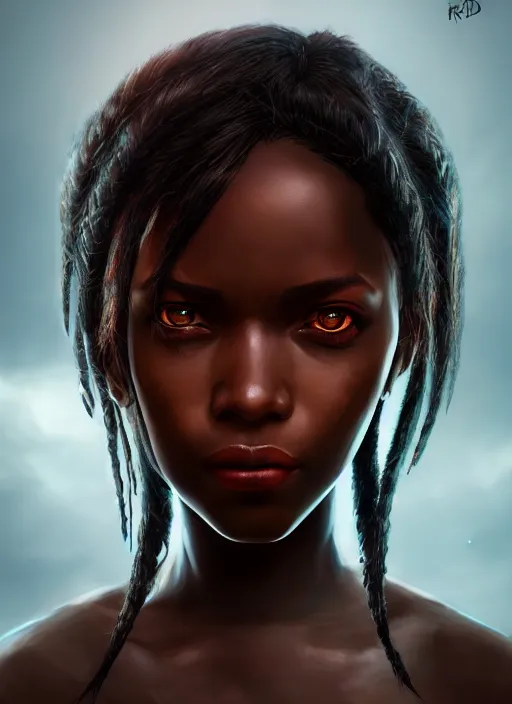 Image similar to An epic fantasy comic book style portrait painting of a short dark skinned girl thief with spidery hair and kind eyes, unreal 5, DAZ, hyperrealistic, octane render, cosplay, RPG portrait, dynamic lighting