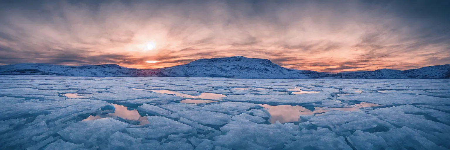 Prompt: amazing landscape photo of A gigantic monster trapped under the ice transparent frozen lake at sunset beautiful dramatic lighting