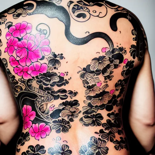 Image similar to photography of the back of a woman with a black detailed irezumi tatto representing a gold tiger with pink flowers on her entire back, mid-shot, editorial photography