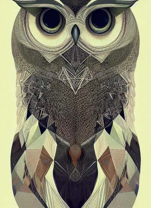 Image similar to portrait of a geometric owl, identical eyes, medium shot, illustration, full body made of white feathers, symmetrical, art stand, super detailed, cinematic lighting, and its detailed and intricate, gorgeous, by peter mohrbacher