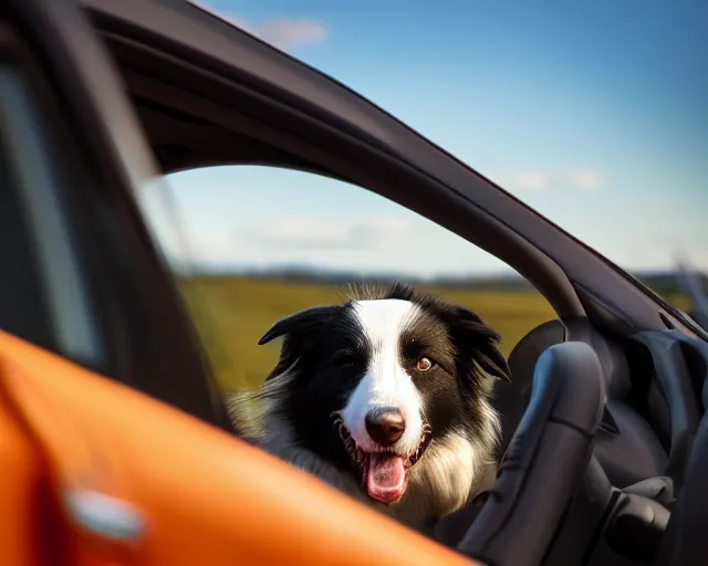 Image similar to border collie dog in the driver's seat of an orange nissan note, paws on wheel, car moving fast, rally driving photo, award winning photo, golden hour,