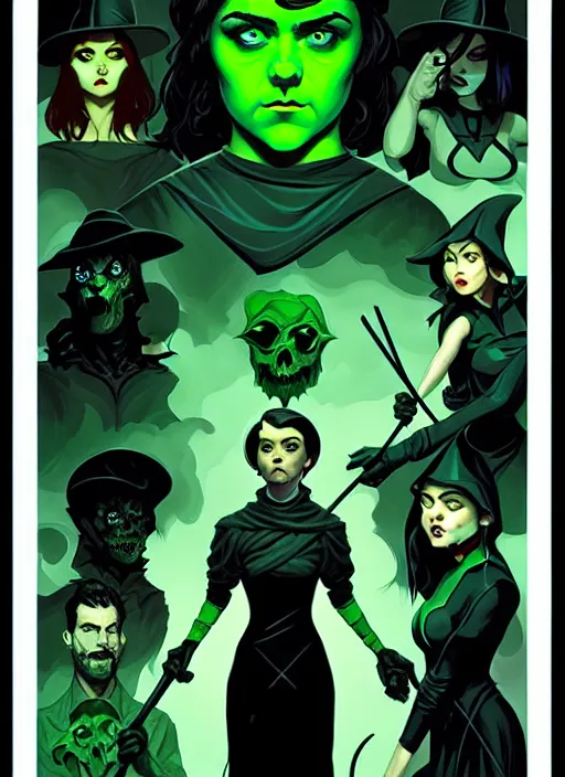 Image similar to rafael albuquerque comic art, peter mohrbacher, steve niles, phil noto, artgerm, pretty evil maisie williams witch, black and green dress, symmetrical eyes