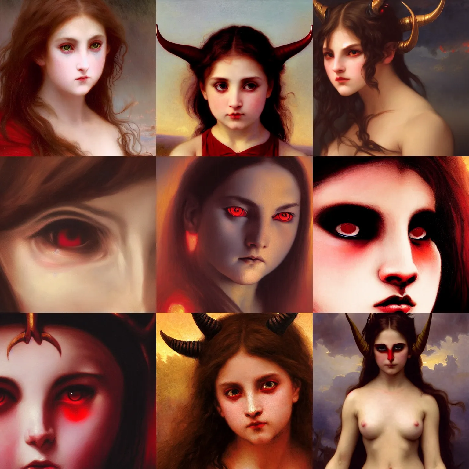 Prompt: close up of brunette angry demon girl. glowing red eyes. horns. Art by William-Adolphe Bouguereau. During golden hour. Extremely detailed. Beautiful. 4K. Award winning.