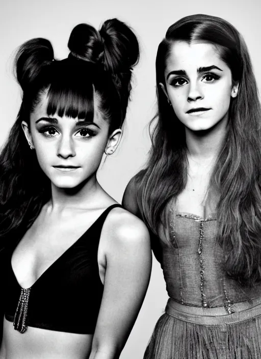 Prompt: beautiful, award winning photo of ariana grande and emma watson as a 1 9 7 0 s rock and roll guitarists. live at woodstock, symmetrical eyes, 8 k, studio lighting t