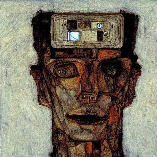 Image similar to portrait of a robot by egon schiele in the style of greg rutkowski