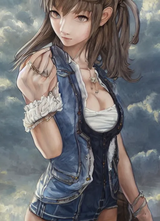 Image similar to a portrait of catgirl wearing white vest, and denim shorts an ultrafine detailed painting, detailed painting, detailed eyes!!, final fantasy, octopath traveler