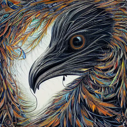 Image similar to a simple crow-like cat painting by Android Jones and M. C. Escher collaboration, futurist, digital art, dramatic lighting