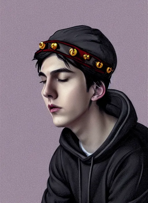 Image similar to portrait of teenage jughead jones wearing a light grey crown, photorealistic, crown, eyes closed, crown, black hair, sweater with letter s on it, letter s, intricate, elegant, glowing lights, highly detailed, digital painting, artstation, concept art, smooth, sharp focus, illustration, art by wlop, mars ravelo and greg rutkowski