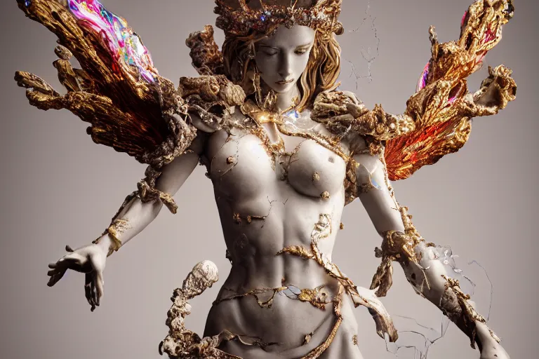 Prompt: Cinestill of A heartbreaking realistic 8k Bernini Sculpture of a stunning intricate cracked multicolored milky cosmic marble Evangelion Fallen Angel Devil Queen adorned in sentient mycelium mystical jewelry and ancient Empress crown and misty xparticles. by Yoshitaka Amano, Daytoner, Greg Tocchini, Scattered golden flakes, Hyperrealism. Subsurface scattering. Octane Render. Weirdcore, perfect face