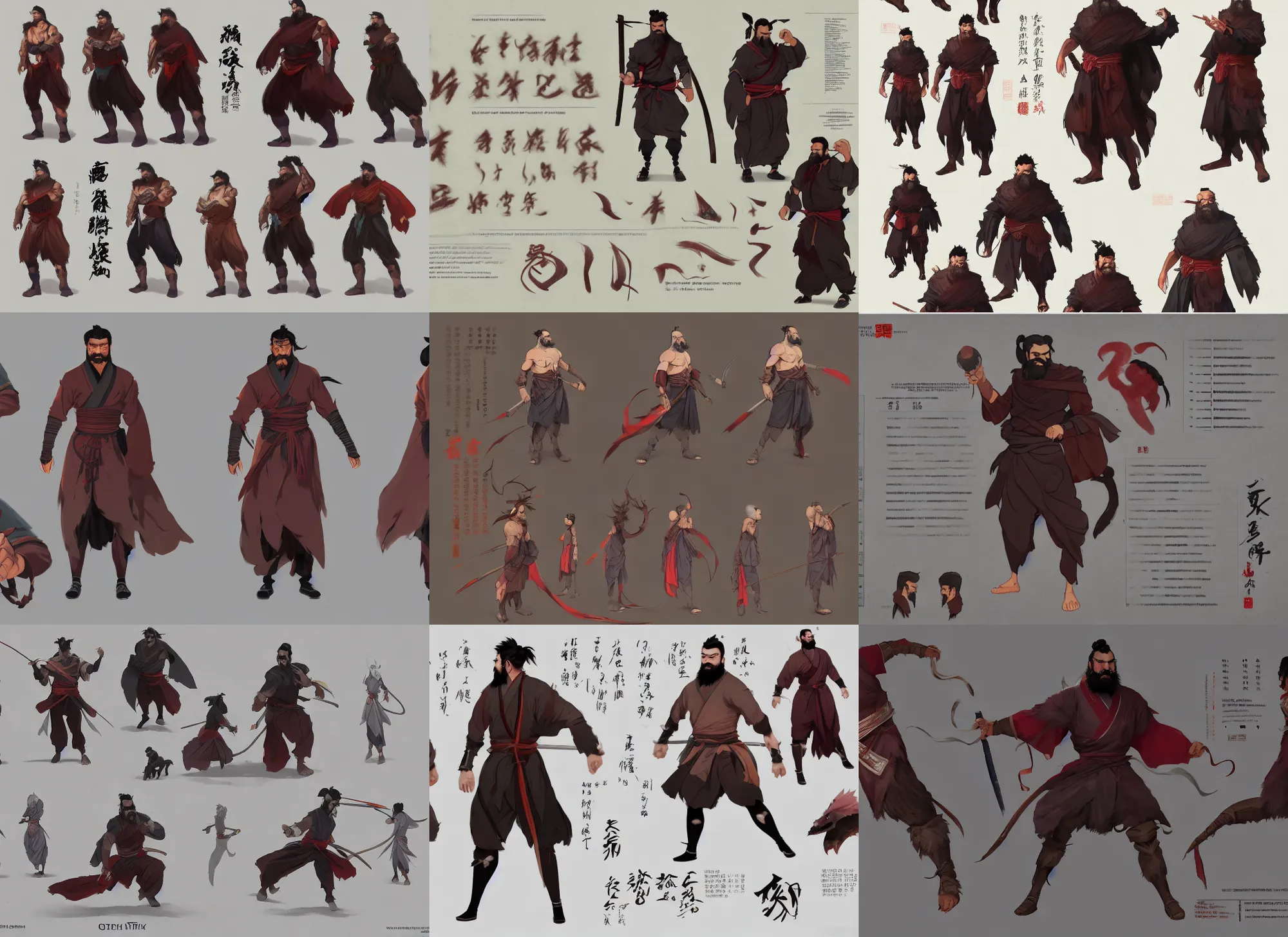 Prompt: character sheet for a wuxia beefy male with beard, dynamic color, for genshin impact by greg rutkowski, by studio ghibli, digital art, trending on artstation, hd, 8 k, highly detailed, good lighting, beautiful, masterpiece
