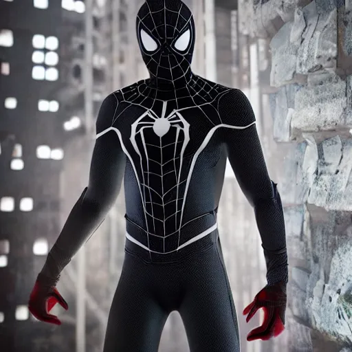 Image similar to black spider - man suit with white web lining, cinematic, volumetric lighting, realistic, hyperdetailed, photorealistic, photograph