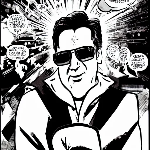 Prompt: bill hicks punching the camera wearing boxing gloves in comic book style