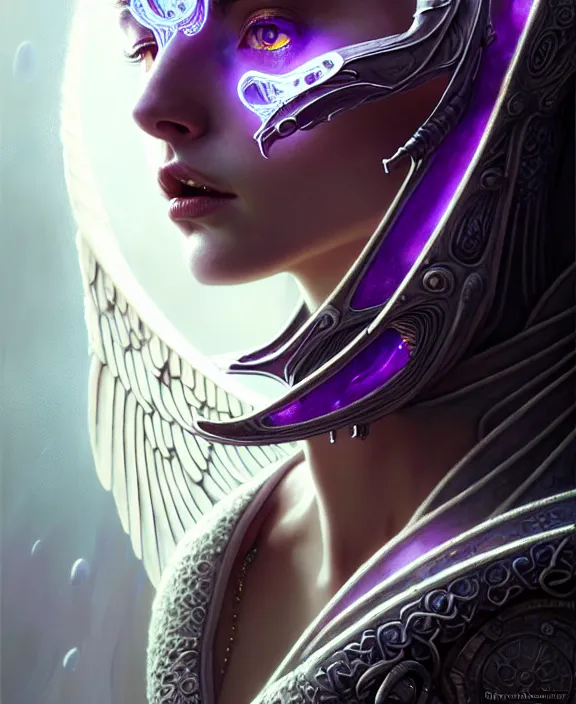 Image similar to beautiful fantasy character portrait, ana de armas, ultra realistic, wide angle, intricate details, the fifth element artifacts, tesseracts, highlights of purple, highly detailed by peter mohrbacher, hajime sorayama, wayne barlowe, boris vallejo, paolo eleuteri serpieri, dishonored 2, white gown, angel wings