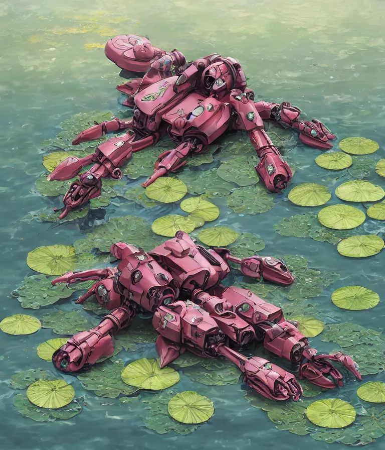 Image similar to waterlily amphibious zeon mobile suit, flower head robot waterlily themed amphibious zeon mobile suit flower petals being robotic limbs, detailed sci - fi painting, waterlily pads sculpted in metal, by cyril rolando, by beeple. biomechanical, bandai box art, 8 k hd resolution, behance hd artstation. # power armor, 8 k hd resolution