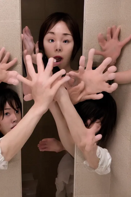 Prompt: many hands and arms coming from behind bathroom door, korean horror film