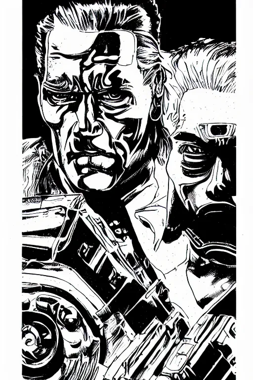 Prompt: arnold schwarzenegger as the terminator, a page from cyberpunk 2 0 2 0, style of paolo parente, style of mike jackson, adam smasher, johnny silverhand, 1 9 9 0 s comic book style, white background, ink drawing, black and white, colouring pages