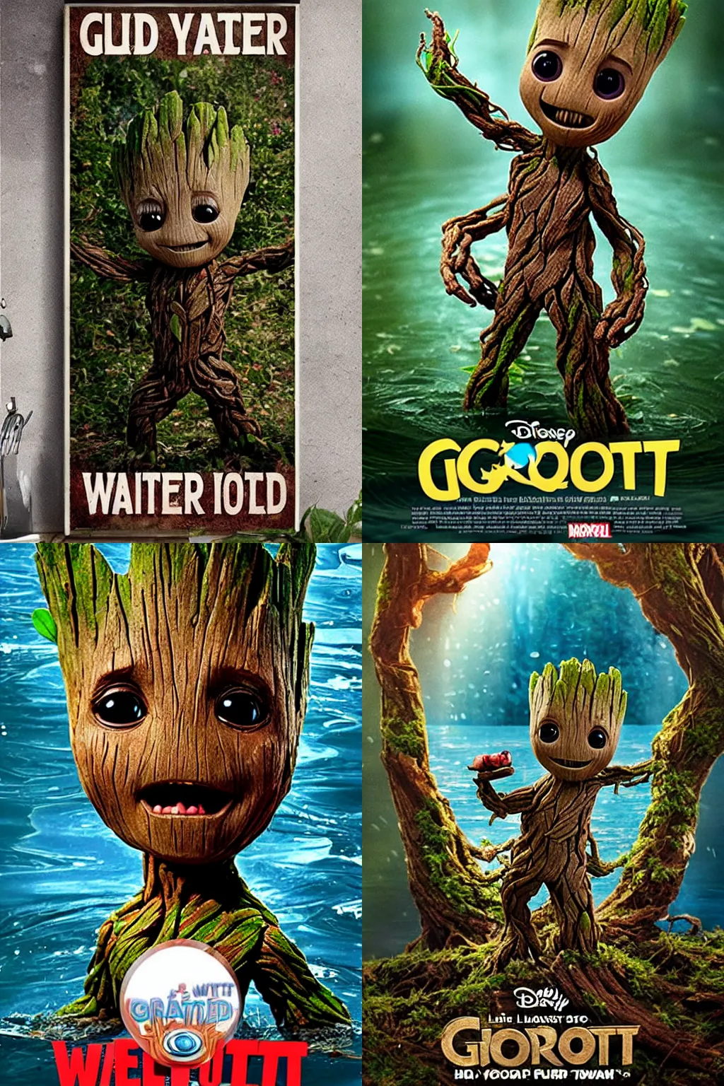 Prompt: little cute Groot is half covered by water, poster, by disney plus
