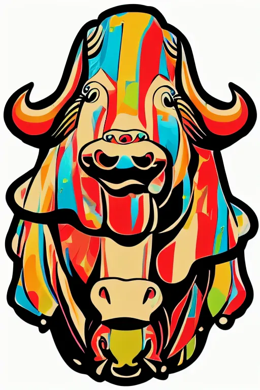 Prompt: A portrait of a dictator bull, sticker, highly detailed, colorful, illustration, smooth and clean vector curves, no jagged lines, vector art, smooth