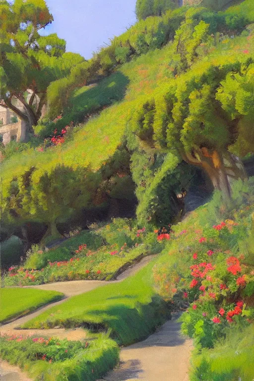 Image similar to San Francisco's green hills during the summertime, very detailed, focused, oil painting, colorful, canvas, artstation, Antoine Pierre Mongin