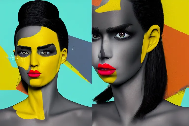 Image similar to portrait of a woman with a yellow face and black hair, a pop art painting by hedi xandt, trending on cgsociety, pop surrealism, photoillustration, daz 3 d, pop art