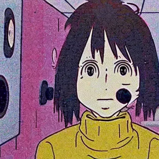 Prompt: screenshot from guro anime, 8 0's horror anime, yellowed grainy vhs footage with noise, schoolgirls trapped in a bathroom, one girl has white hair, in the style of studio ghibli,