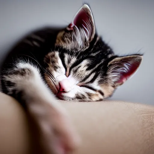 Prompt: portrait photo of a sleeping kitten, indoors, f 1. 4, golden ratio, rim light, top light, overcast day